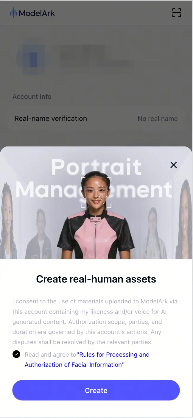 ModelArk consent screen for creating and authorizing real-human assets