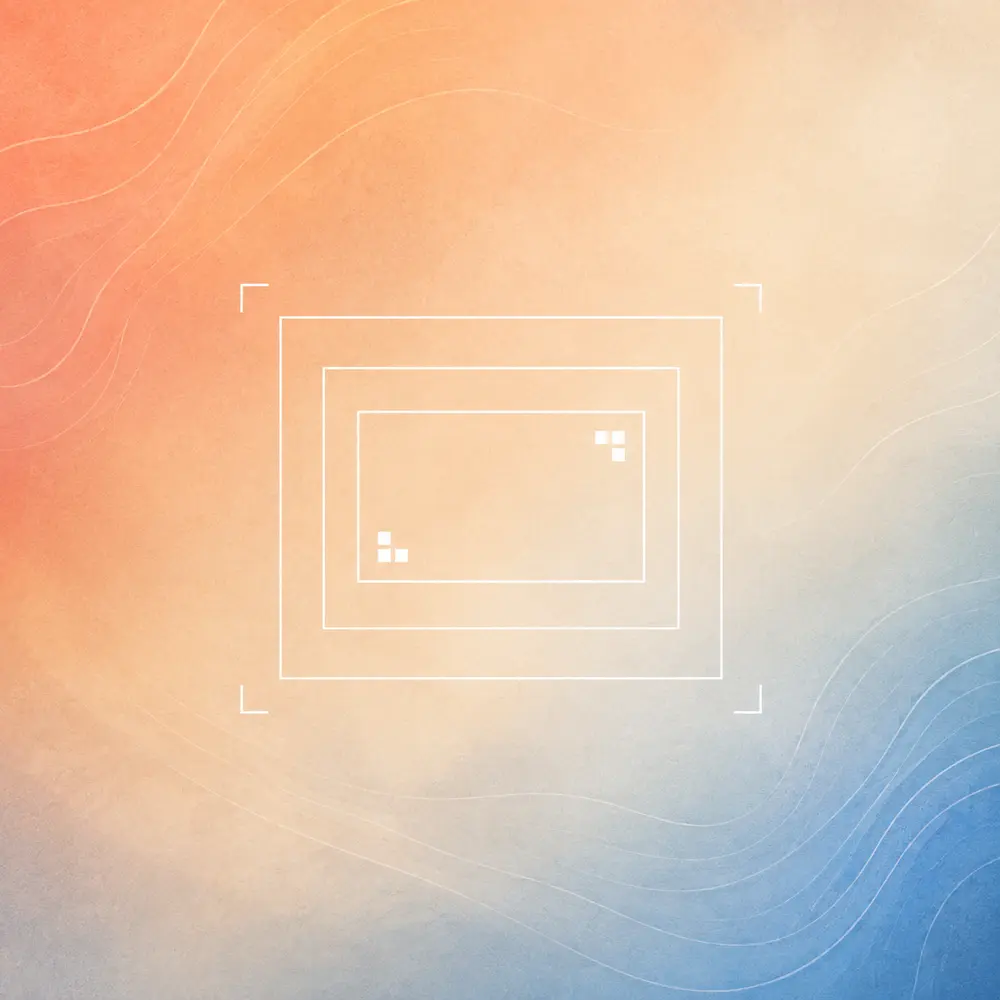 White nested resolution frames over a soft coral and blue editorial background