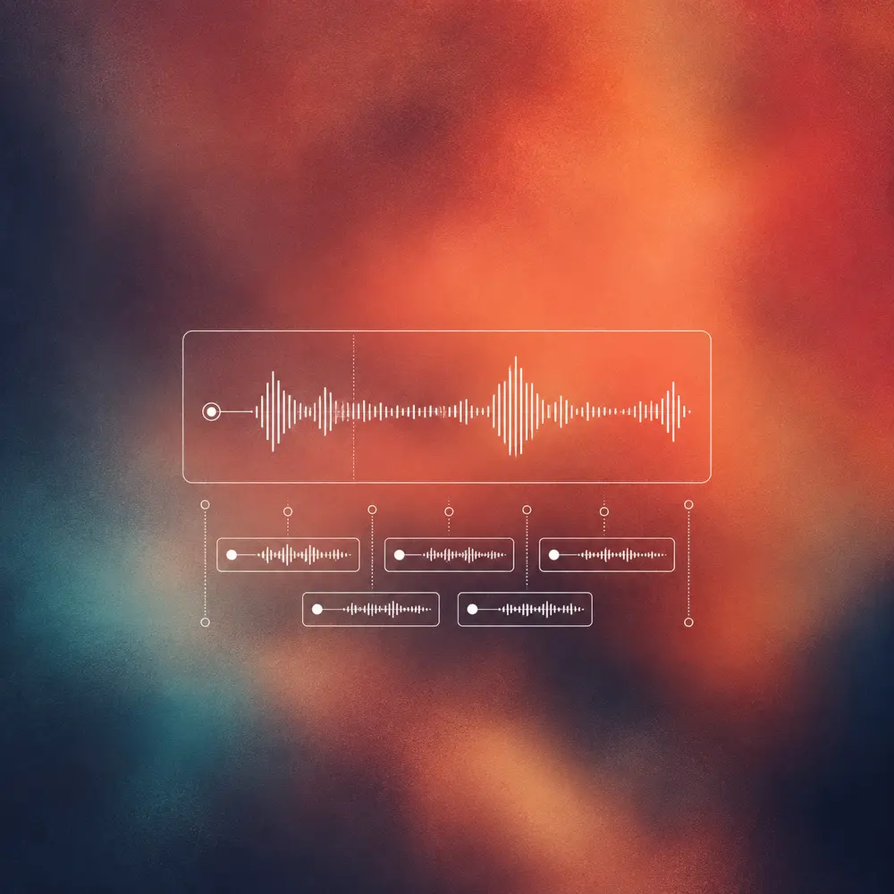 White audio waveform and timeline over a coral, indigo and teal editorial background