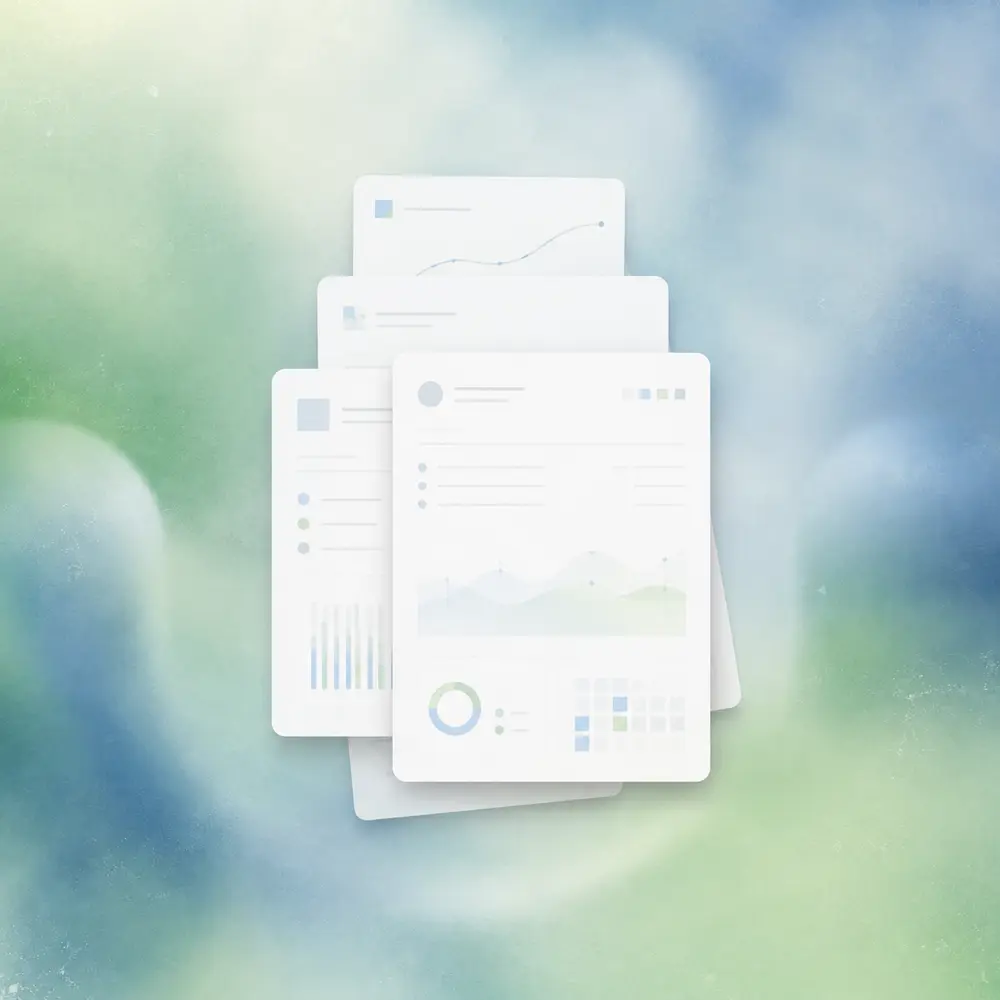 White pricing and workflow documents over a soft green and blue editorial background