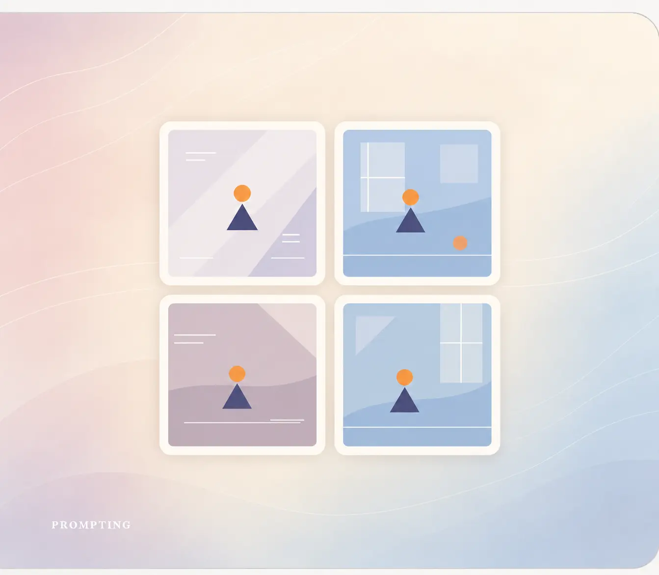 Four pastel video frames show the same small character made from a circle and triangle
