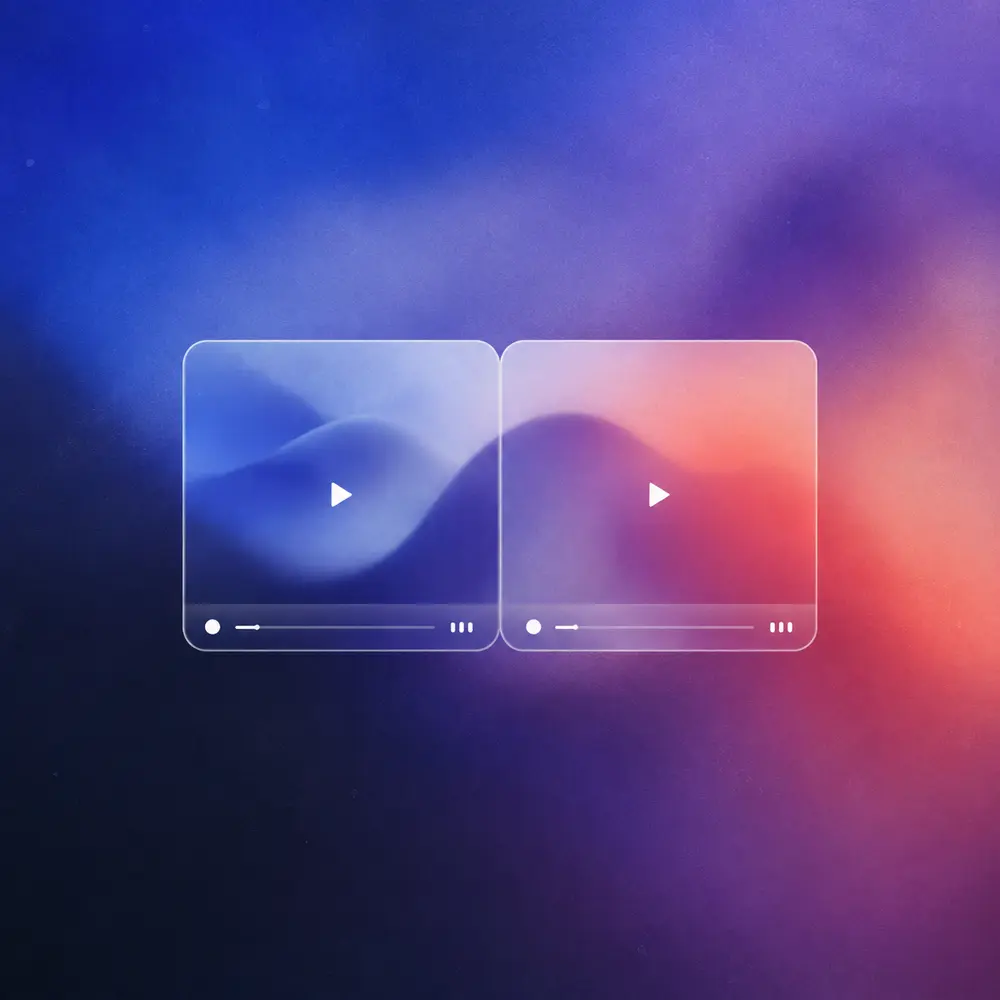 Two white video frames over a soft blue, violet and coral editorial background