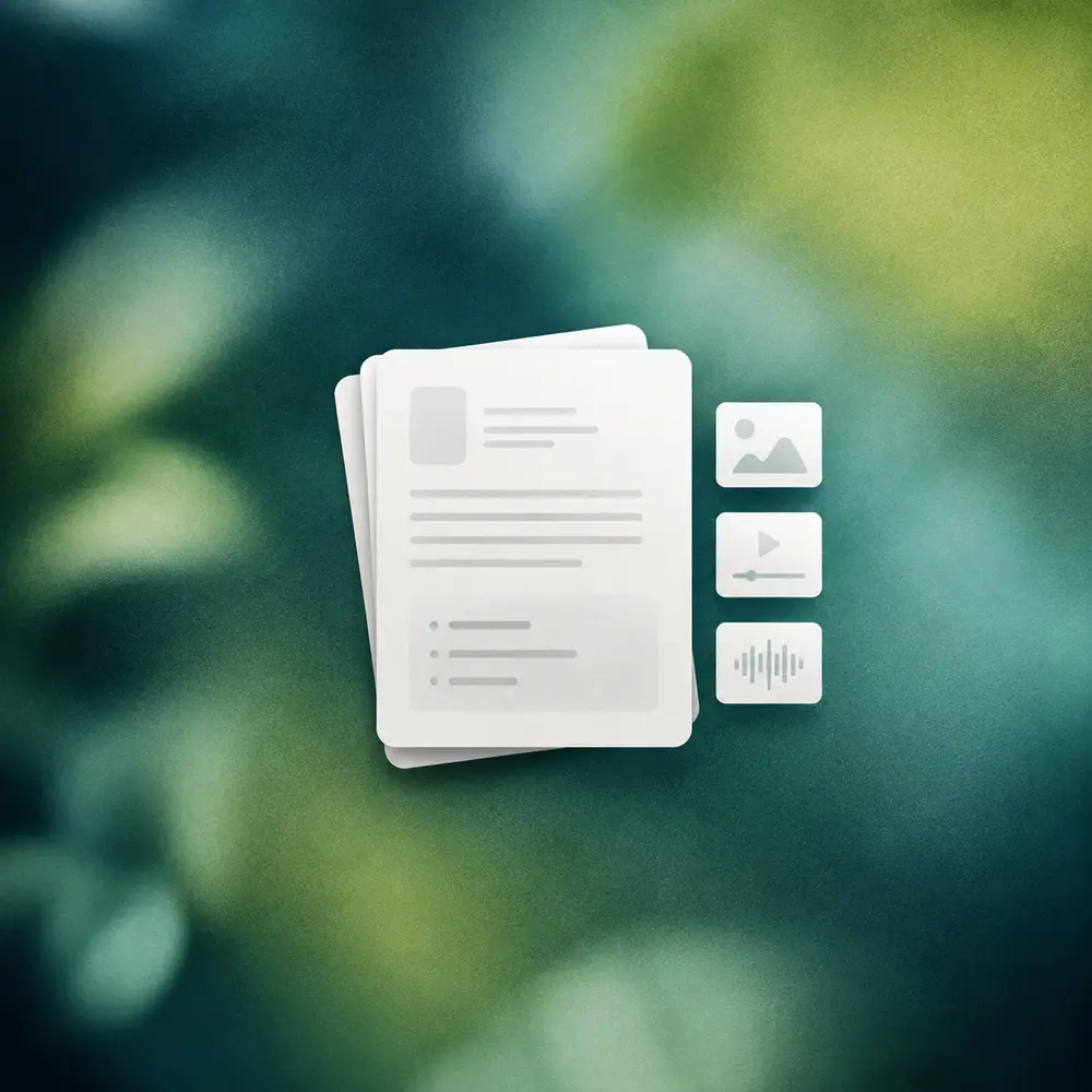 White prompt documents with image, video and audio reference cards on green